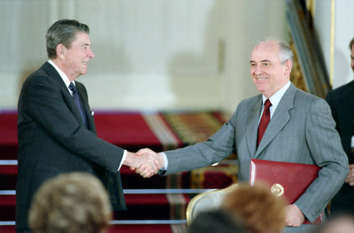 Ronald Reagan and Mikhail Gorbachev shake hands after signing the INF Treaty, June 1, 1988