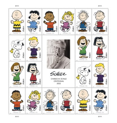 USPS celebrates the centennial birth of cartoonist Charles M. Schulz with 10 new fun-filled stamps.