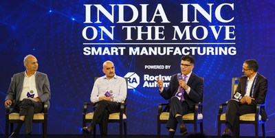 Panel discussion at India Inc On The Move 2022 on Leveraging Data for Connected Enterprise. (Seated L-R): Rajesh Uppal, Member, Executive Board (HR, IT and Safety), Maruti Suzuki India; Sudhanshu Naithani, Executive Director - Corporate Digital Transformation, BHEL; Dilip Sawhney, Managing Director, India, Rockwell Automation; and Nabil El Bouzrati, South Asia Region Chief Engineer, Nestlé S.A. (PRNewsfoto/Rockwell Automation)