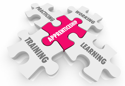 Apprenticeship puzzle graphic. Depicts learning, training, working, and practicing connected to Apprenticeship in the middle.