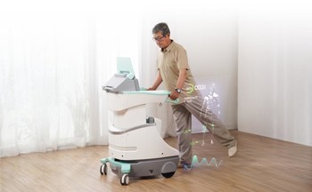 A resident of a senior-care facility is performing personalized rehabilitation exercises with the help of UBTECH Walking Assist Robot - Wassi