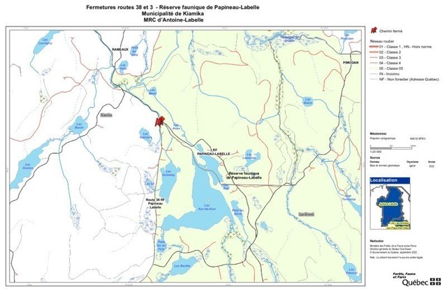 Fermetures routes 38 et 3 - Rserve faunique de Papineau-Labelle, Municipalit de Kiamika, MRC d'Antoine-Labelle (Groupe CNW/Ministre des Forts, de la Faune et des Parcs)