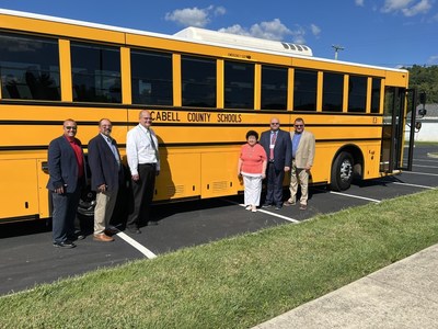 Cabell County Schools Superintendent Dr. Ryan Saxe takes delivery of a GreenPower BEAST all-electric, purpose-built school bus. Joining him are Rhonda Smiley, President of the Cabell County Board of Education; Kim Cooper, Assistant Superintendent; Dan Gleason, Director of Transportation; GreenPower Vice President Mark Nestlen and GreenPower’s dealer representative Steve Ellis.