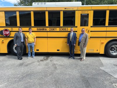 Dr. Tom Williams, Kanawha County Schools Superintendent, Ryan White, Kanawha County School Board Member, Vic Sprouse of the West Virginia Department of Economic Development and GreenPower's Vice President Mark Nestlen as the Type D GreenPower zero-emissions BEAST was delivered for the county pilot project.