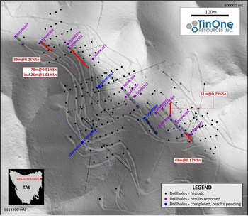 Figure 2:	Great Pyramid drilling plan. Holes reported in this release are labelled. Historic drill collars and traces (for angled holes) are also shown (CNW Group/TinOne Resources Corp.)