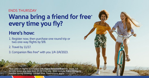 SOUTHWEST AIRLINES’ COVETED COMPANION PASS IS JUST ONE ROUND TRIP AWAY WITH SPECIAL PROMOTIONAL OFFER