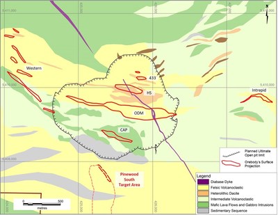 Figure 4: Rainy River Exploration – Pinewood South Target Location on Geology map with ultimate pit boundary and surface projective of known ore lenses (CNW Group/New Gold Inc.)