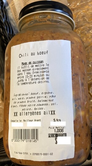 Absence d'informations nécessaires à la consommation sécuritaire de chili au bœuf conditionné dans des pots en verre et vendu par l'entreprise Édouard et Léo - Fleury inc.