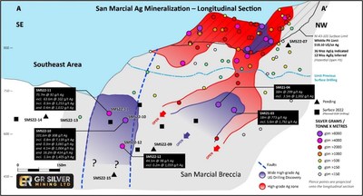 Figure 2:   San Marcial and SE Area Longitudinal Section – Pierce Points Grade x Thickness (CNW Group/GR Silver Mining Ltd.)