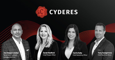 New executive leadership at Cyderes includes Tim MalcomVetter, SVP Managed Services; Sarah Redford, Chief People Officer; Carrie Kelly, Chief Marketing Officer; and Anthony Aurigemma, Chief Revenue Officer. (CNW Group/Cyderes)