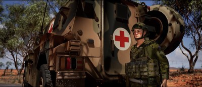 A virtual Australian soldier preparing for a tactical combat casualty care scenario.