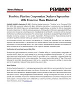 Pembina Pipeline Corporation Declares September 2022 Common Share Dividend (CNW Group/Pembina Pipeline Corporation)