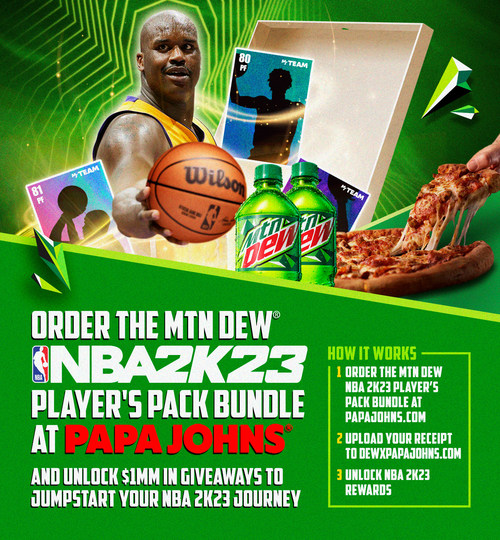 New MTN DEW® NBA® 2K23 Player's Pack Bundle at Papa Johns will give players a chance to unlock up to a million dollars' worth of in-game swag
