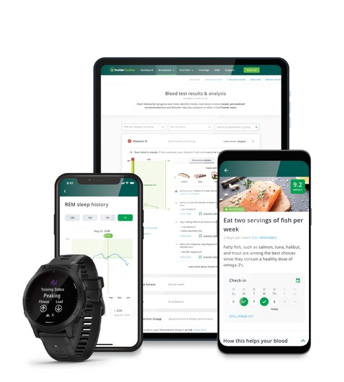 InsideTracker integrates biomarker data from blood, DNA, activity trackers, and user-generated demographic information to create science-backed recommendations to optimize healthspan.