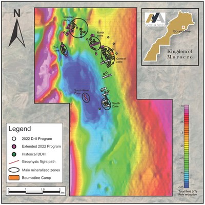 Figure 1 - Surface Plan of Boumadine Property with Preliminary Magnetic Data (Residual Total Field) and Drill Holes (CNW Group/Aya Gold & Silver Inc)