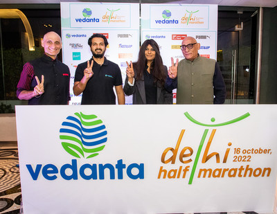 At the announcement of the Vedanta Delhi Half Marathon 2022 (L to R)
Vivek Singh, Jt. MD, Procam International, Akarsh Hebbar, Global Managing Director of Display and Semiconductor Business, Vedanta Limited, Priya Agarwal Hebbar, Non-Executive Director, Vedanta Limited and Anil Singh-MD, Procam International