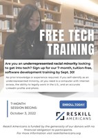 Reskill Americans offers free tech training to underrepresented racial minorities, enrollment is open now through Sept. 30, 2022.