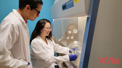ViVita Chief Executive Officer, Dr. Maelene Wong, and scientist, Dr. Fabian Lara, generating their novel regenerative biomaterial, BARE PatchTM, for vascular repair and heart valve replacement applications.