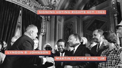 In this still image of "Vote for all men," a video part 35 "The Constitution EXPLAINED" series from iCivics and the Center for Civic Education, President Lyndon B. Johnson signs the Voting Rights Act of 1965. The full series can be viewed online here: https://civiced.org/constitution-explained.