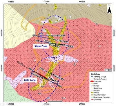 Figure 1. A simplified geology plan map and drill holes of the Discovery Drill Program at the Silverstrike Central (CNW Group/New Pacific Metals Corp.)