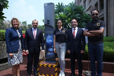 The inauguration of the first EV charger at Radisson Blu Plaza Delhi Airport with Radisson Hotel Group and SunFuel Electric (PRNewsfoto/Radisson Hotel Group)