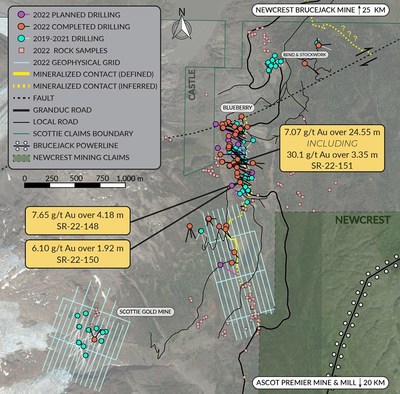 Figure 1: Overview plan view map of the Scottie Gold Mine Project, illustrating the scope of the 2022 drill program and the distribution of the completed 2022 loop electromagnetic geophysical grids. (CNW Group/Scottie Resources Corp.)