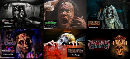 Haunted attraction industry experts at America Haunts has named five haunted attractions achieving LEGENDARY status for above and beyond scary-great fun! The attractions include: the Haunted Hotel in San Diego; Spooky Woods in the Greensboro/High Point, NC-area; Bates Motel in the Philadelphia-area; Nightmare on 13th in Salt Lake City; and the 13th Gate in Baton Rouge. --photo credits from the respective haunted attractions