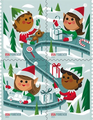 The new U.S. Postal Service Holiday Elves stamps are now available nationwide