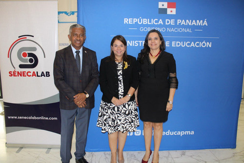 Dr. Eduardo Ortega-Barría, secretario nacional de Ciencia, Tecnología e Innovación de Panamá, Dra. Adriana Angarita, fundadora y directora de SenecaLab y su Excelencia Maruja Gorday de Villalobos, ministra de Educación de la República de Panamá. Dr. Eduardo Ortega-Barría, secretario nacional de Ciencia, Tecnología e Innovación de Panamá, Dra. Adriana Angarita, fundadora y directora de SenecaLab y su Excelencia Maruja Gorday de Villalobos, ministra de Educación de la República de Panamá.