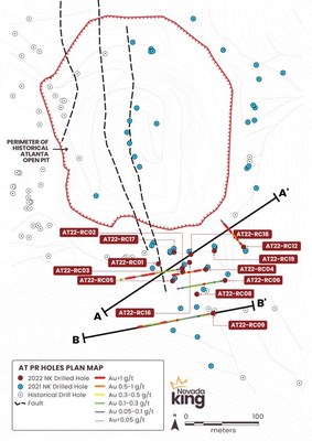 Figure 1. Location map for holes reported in this news release relative to the historical Atlanta Pit and previous drilling. (CNW Group/Nevada King Gold Corp.)