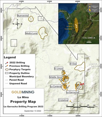 GoldMining news release Sep 13, 2022 (Figure 1 – La Mina Property, deposits and exploration targets, Antioquia, Colombia) (CNW Group/GoldMining Inc.)