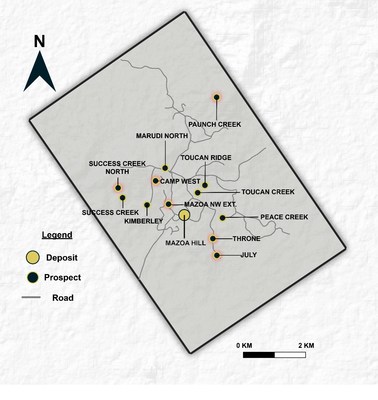 Overview of the Marudi Mountain Property showing location of the Mazoa Hill Deposit and Prospects with new Prospects highlighted. (CNW Group/Golden Shield Resources)