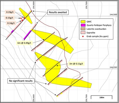 July Prospect, map of QMC in trenches and selected trench and grab sample results. (CNW Group/Golden Shield Resources)