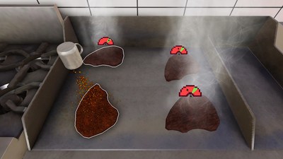 The Chipotle Grill Simulator experience starts at the plancha where visitors need to perfectly grill and season as many steaks as they can before time runs out.