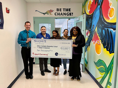 Chris Popek, Principal, Arturo Cambeiro Elementary School and Jasmine Alvarez, Community Manager, Sunrise Oaks Manufactured Home Community with Arturo Cambeiro Elementary Teachers