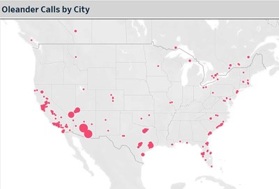 This map from Pet Poison Helpline's Toxin Trends dashboard identifies which areas of the country pose the greatest risk to your pet from oleander poisoning based on emergency calls over the last five years.