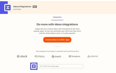 The idexo listing page in the Zapier App Directory at https://zapier.com/apps/idexo/integrations