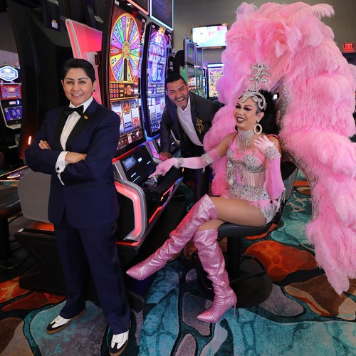 Erica M. Pinto, Chairwoman of the Jamul Indian Village (left), and drag queen Paris Sukomi Max (right)