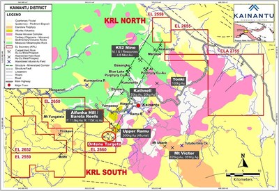 Figure 1: KRL South: Ontenu Area of Interest in Relation to KRL Tenements, Regional Geology, Structural Trends, and Historic & Current Mines/Prospects (CNW Group/Kainantu Resources Ltd.)