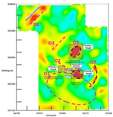 Figure 3: Ontenu area conductivity model also displaying previous operators’ exploration highlights and initial KRL work programme (CNW Group/Kainantu Resources Ltd.)