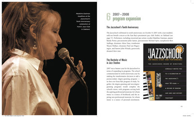 Pages from "California Jazz Conservatory - A 25-Year Retrospective" featuring CJC's 10th anniversary celebrations, with vocalist Madeline Eastman performing at renowned Bay Area jazz club, Yoshi's.