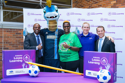 Subaru and Philadelphia Union Adopt Stetser Elementry School in Chester  (R to L: Dr. Craig Parkinson, Superintendent, Chester Upland School District; Phang, official mascot of the Philadelphia Union; Dr. Lavada Greene, Principal, Stetser Elementary School; Alan Bethke, Senior Vice President, Marketing, Subaru of America; Charlie Slonaker; Chief Revenue Officer, Philadelphia Union)