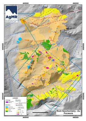 Fig.1: Map of the Pucasora zona, Dorita project, showing alteration zones, dominant structural corridors, and gold values of surface channel samples. (CNW Group/Silver Mountain Resources Inc.)