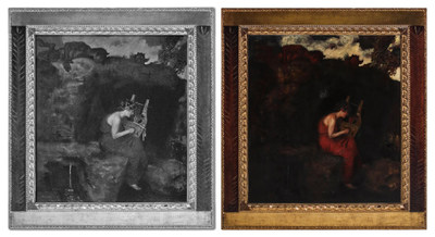 Franz von Stuck (né Franz Stuck, German, 1863-1928), 'Lauschende Faune (Listening Fauns),' circa 1899, oil-on-panel, as depicted (left) in a black & white photograph in the 1904 edition of the German art journal 'Die Kunst,' and (right) as it appears today, in need of professional cleaning to reveal its full image. To be offered without reserve on Sept. 23, 2022 at Soulis Auctions in suburban Kansas City, Missouri. Estimate: $75,000-$125,000