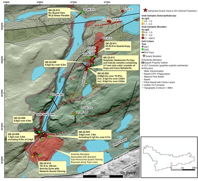 Figure 1: 2022 Drilling Along the Annick Trend, Turtle Head and IPLS (IP Lake Shear Corridor). Note that grab samples are selective by nature and values reported may not be representative of mineralized zones. All drilling intervals are down-hole lengths. True thicknesses cannot be estimated with available information (CNW Group/Orford Mining Corporation)