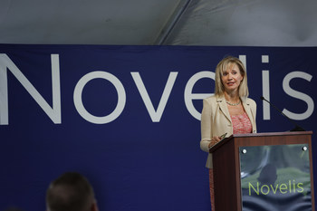 Olga Alavanou, Vice President Automotive, Novelis North America, speaks at the Novelis Customer Solution Center Ribbon Cutting Celebration on Thursday, Sept. 15, 2022 in Novi, Mich. (Rick Osentoski/AP Images for Novelis)