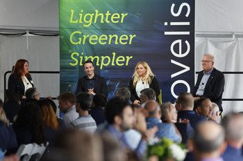 Novelis hosted a panel presentation on automotive aluminum circularity during its Ribbon Cutting Celebration on Thursday, Sept. 15, 2022 in Novi, Michigan. From L-R: Natalia Olawella, Xavier Varone, Jamie Zinser and Blake Zuidema. (Rick Osentoski/AP Images for Novelis)