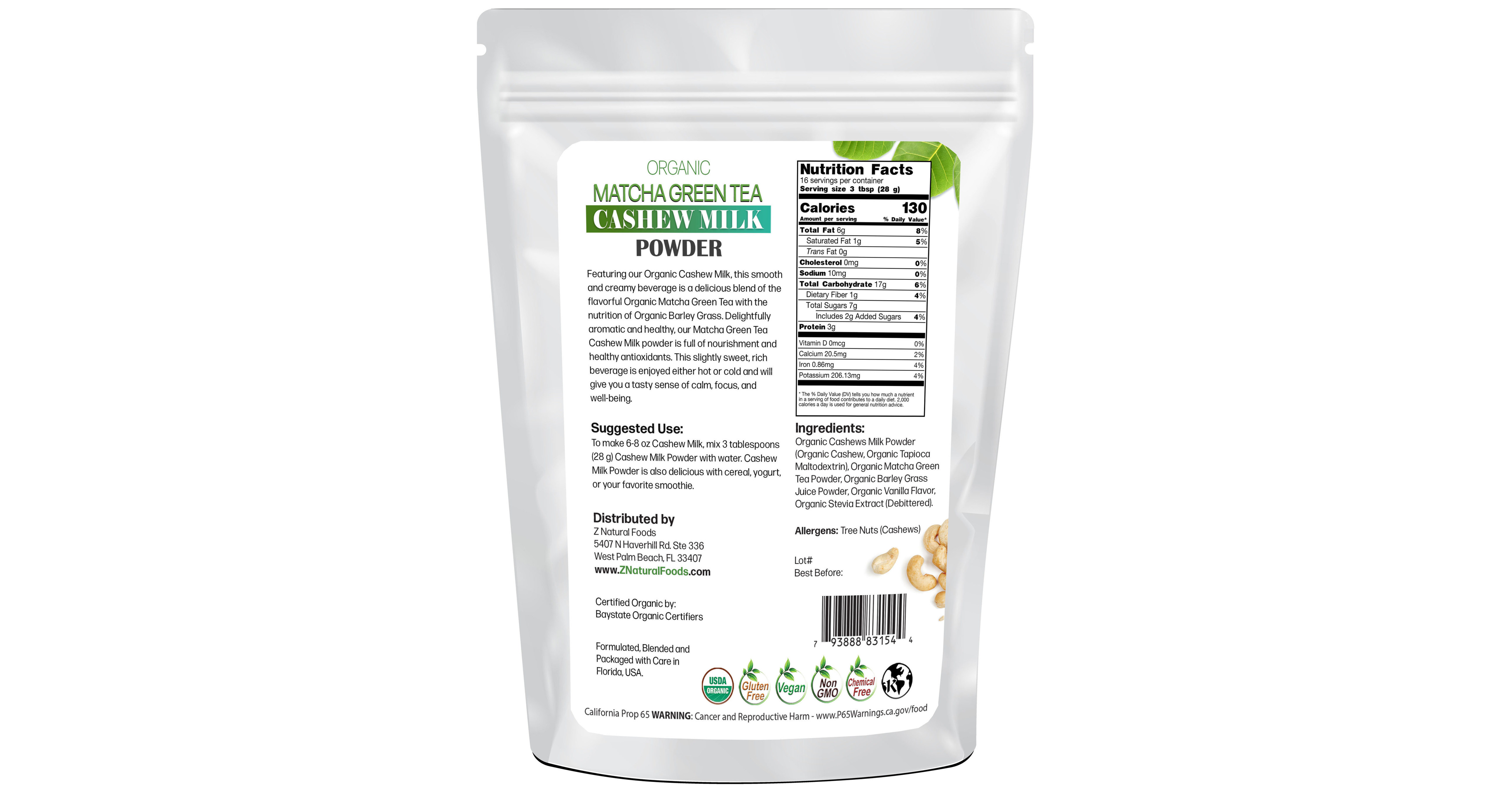 Z Natural Foods Announces New Organic Matcha Green Tea Cashew Milk