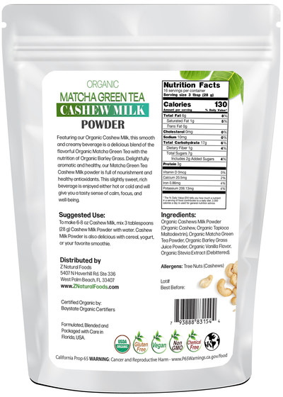 Z Natural Foods' new Organic Matcha Green Tea Cashew Milk Powder is a tasty, calming beverage designed to help you gain peak focus