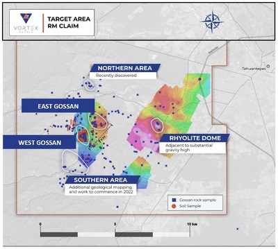 Figure 2. Riqueza Marina target areas, based upon copper-in-rock values, shown in context with the gravity survey. Multiple areas of mineralized gossan float and sub-crops are coincident with the gravity high at the East Gossan zone which projects to southwest ~1 km under valley fill towards the West Gossan zone. (CNW Group/Vortex Metals)